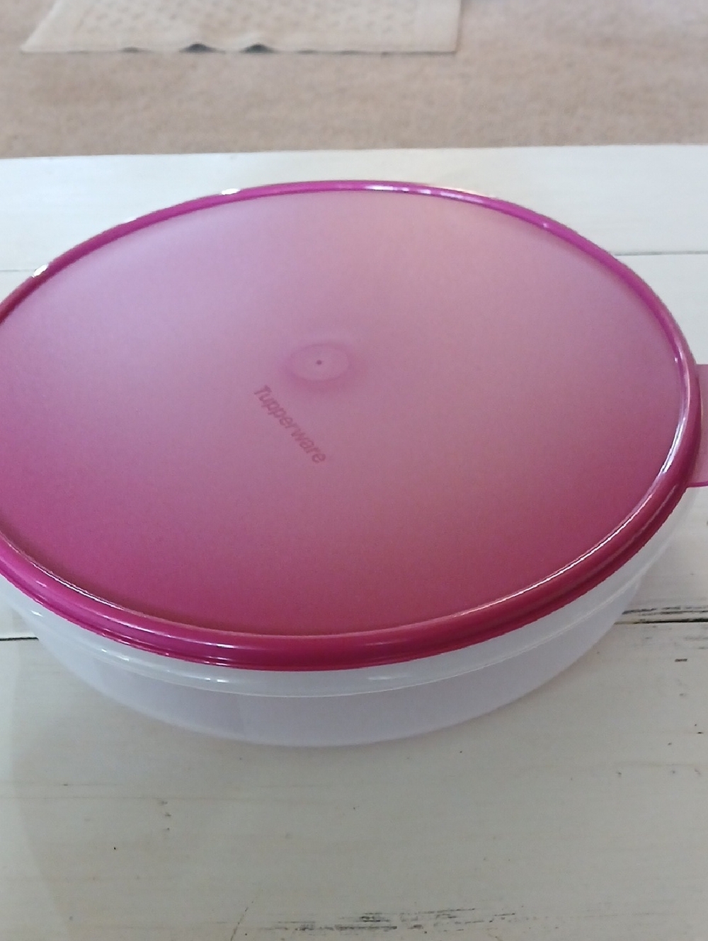 Tupperware Round Container with Pink Lid and Frosted White Base